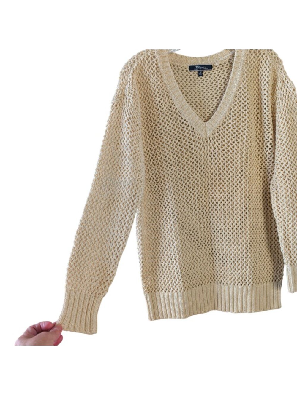 Tommy Bahama Denim Womens M Cream Open Knit V Neck Cotton Sweater Coastal - Picture 3 of 16